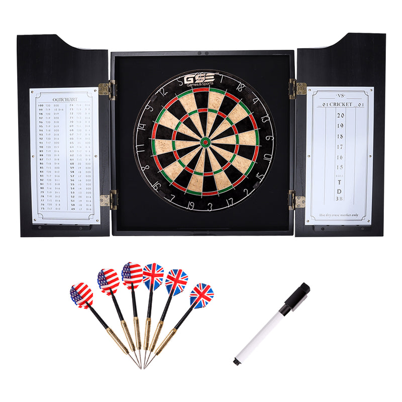Solid Wood Dartboard Cabinet Set with Sisal Fiber Dartboard, Dart Scoreboard and 6 Steel Tip Darts for Target Game Indoor Game