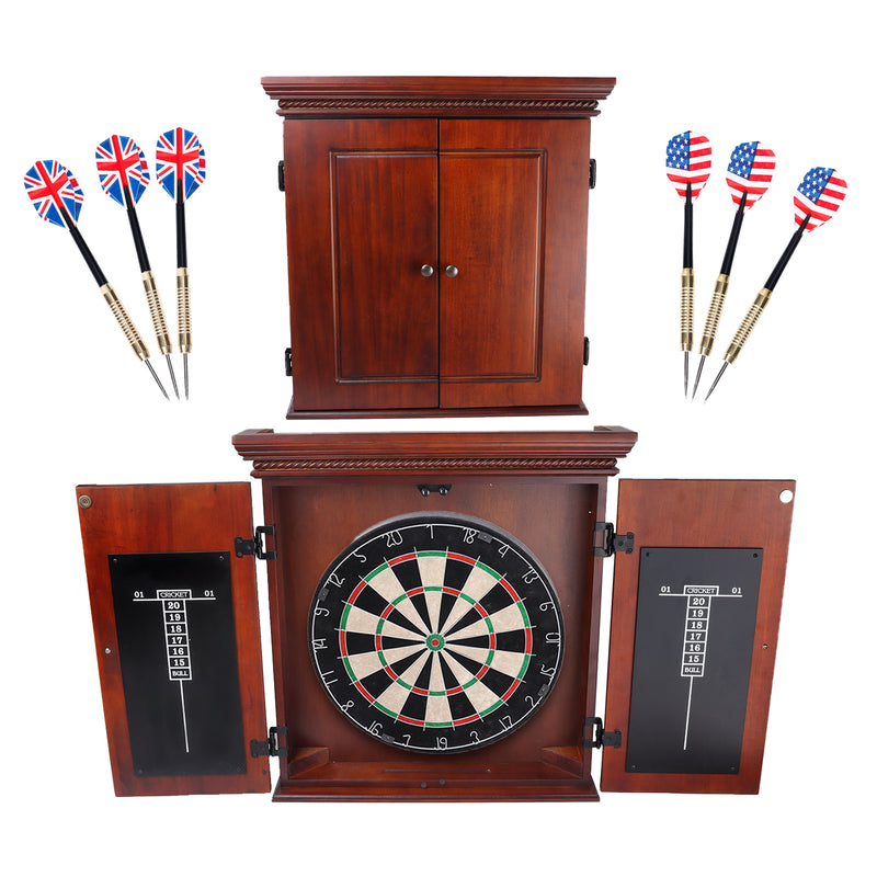 Dartboard Cabinet with Sisal/Bristle Dartboard, Dart Scoreboard, and 6 Steel Tip Darts(Premium Brown）