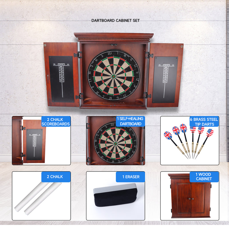 Premium Solid Wood Dartboard Cabinet Set with Bristle Dartboard, Dart Scoreboard and 6 Steel Tip Darts for Target Game Indoor Game (Brown)