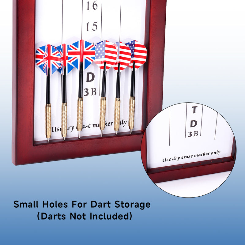 Solid Wood Dry-Erase Dart Scoreboard with Marker for Dart Board Cricket & 01 Dart Games/Dart Game Out Chart, with 6 Holes on the Bottom for Dart Storage (White)