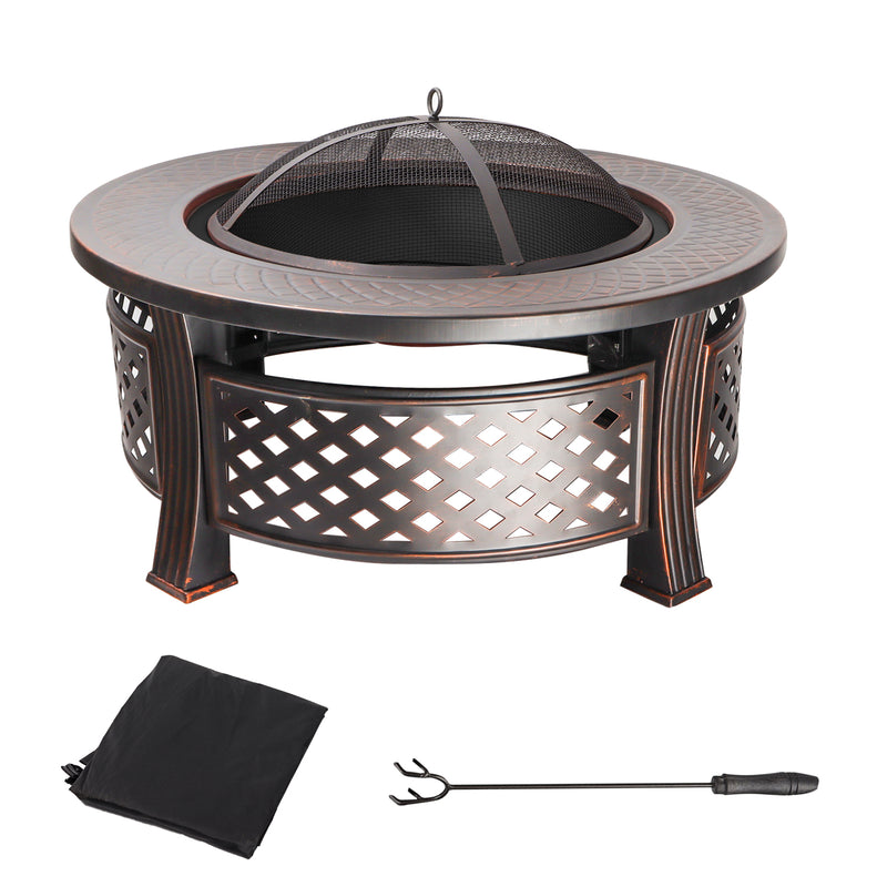 32" Portable Metal Patio Round Fire Pit Table with Spark Screen Cover, Log Grate, Waterproof Cover and Fire Poker for Outdoor Backyard, Garden, Bonfire