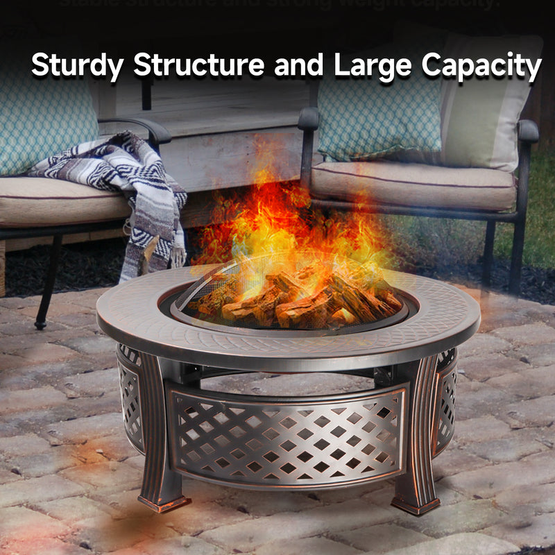 32" Portable Metal Patio Round Fire Pit Table with Spark Screen Cover, Log Grate, Waterproof Cover and Fire Poker for Outdoor Backyard, Garden, Bonfire
