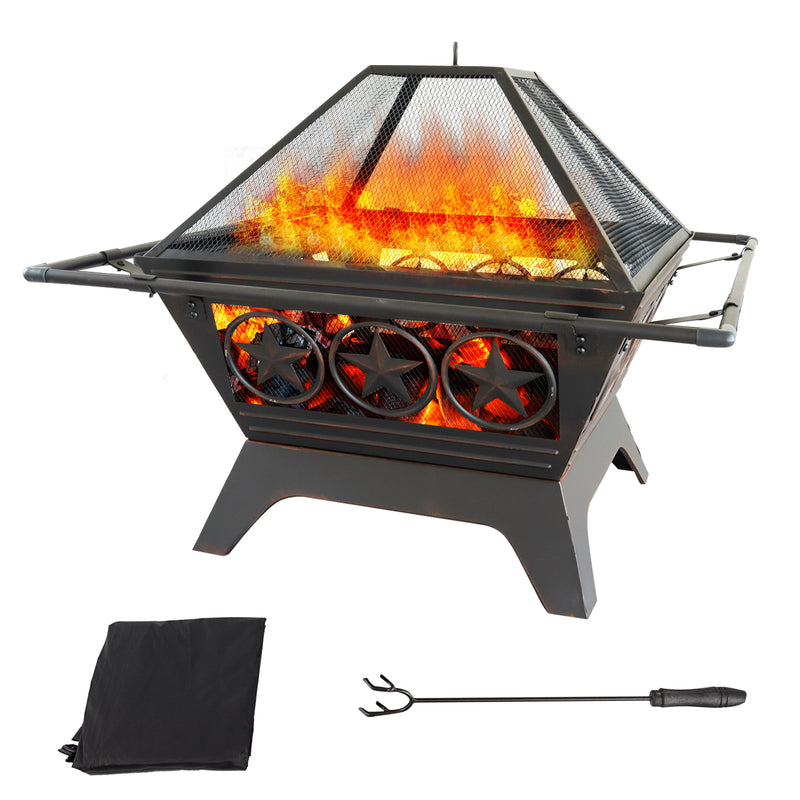 33" Large Square Wood Buring Fire Pit with Retardant Spark Screen Cover, Log Grate, Waterproof Cover and Fire Poker for Outdoor Backyard, Garden, Bonfire