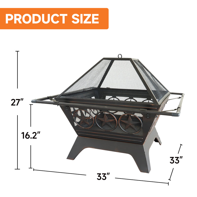 33" Large Square Wood Buring Fire Pit with Retardant Spark Screen Cover, Log Grate, Waterproof Cover and Fire Poker for Outdoor Backyard, Garden, Bonfire
