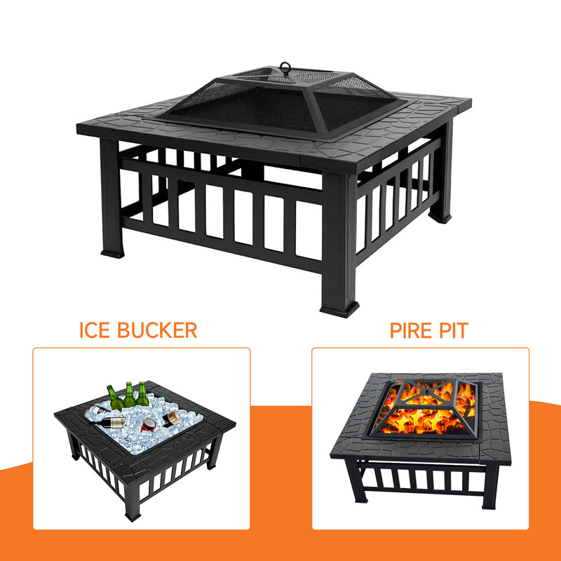 32" Heavy Duty Square  Patio Wood Fire Pit Table with Spark Screen Cover, Log Grate, Waterproof Cover and Fire Poker for Outdoor Backyard, Garden, Bonfire