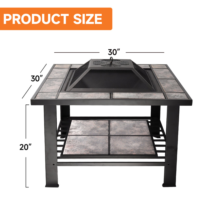 30" Square Bonfire Wood Burning Fire Pit Table with Spark Screen Cover, Log Grate, Waterproof Cover and Fire Poker for Outdoor Backyard, Garden, Bonfire