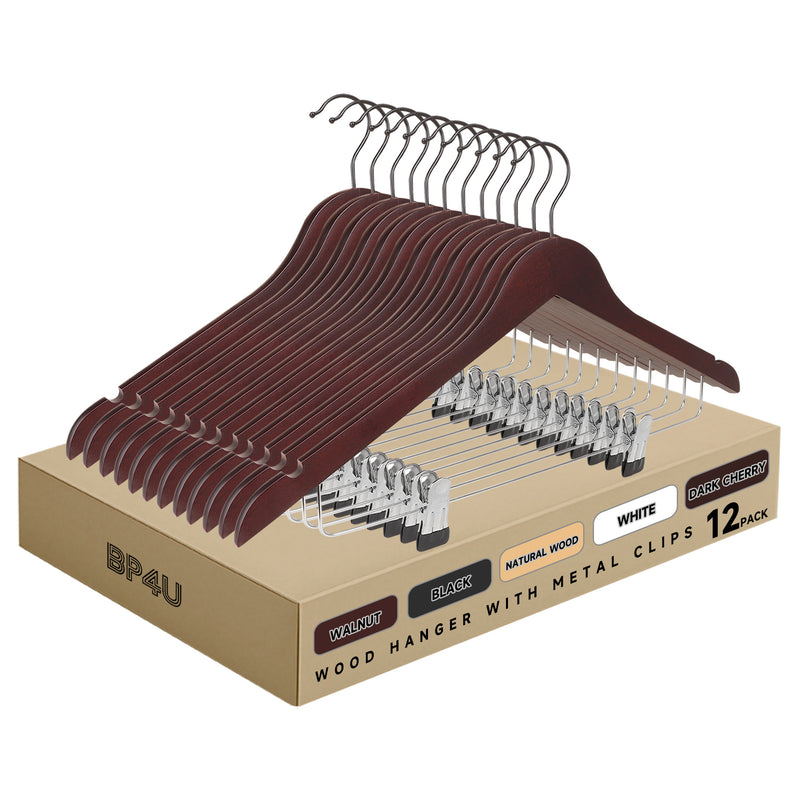 12-Pack Wooden Hangers with Adjustable Metal Clips
