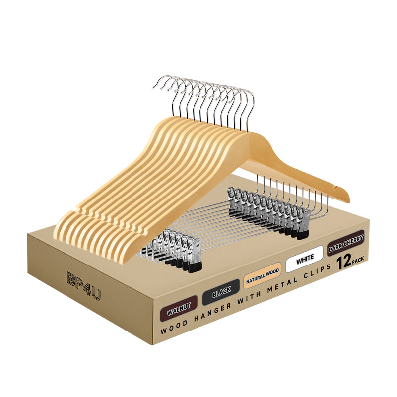 12-Pack Wooden Hangers with Adjustable Metal Clips