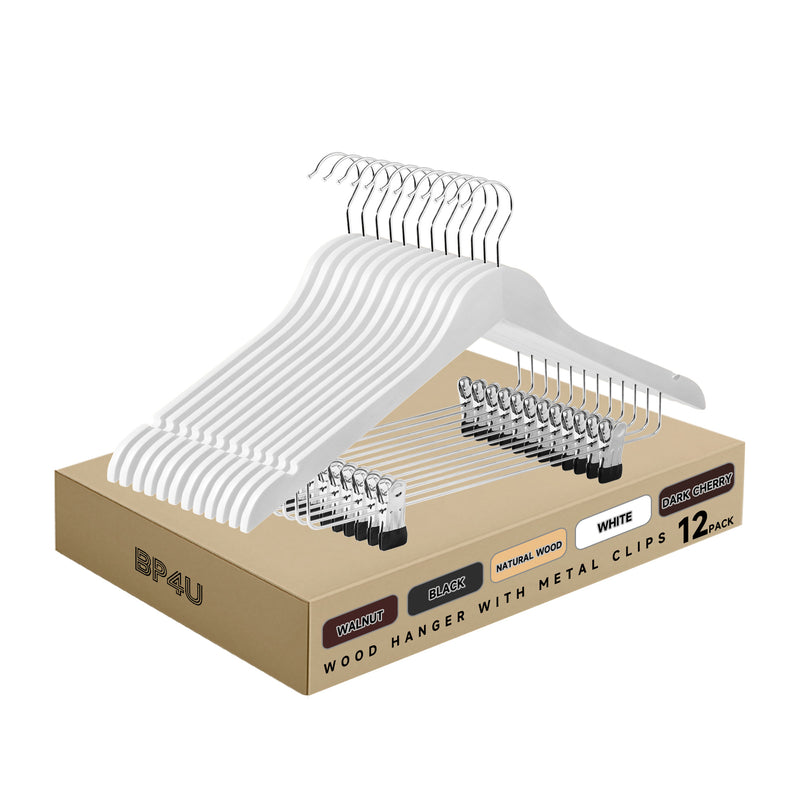 12-Pack Wooden Hangers with Adjustable Metal Clips