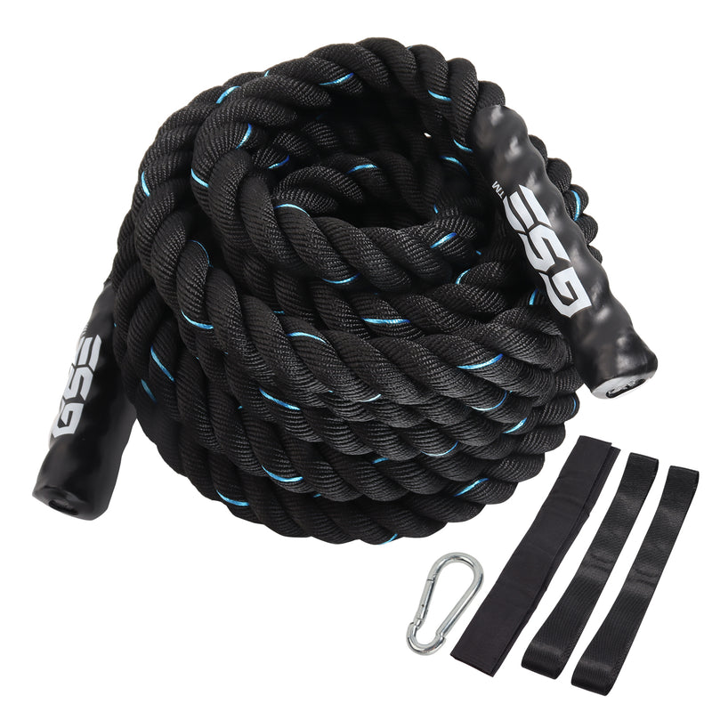Blue Polyester Gym Ropes Exercise Training Battle Ropes with Protective Sleeve and Anchor Kit for Physical Education, Strength Training - 1.5"/2" x 30'/40'/50'
