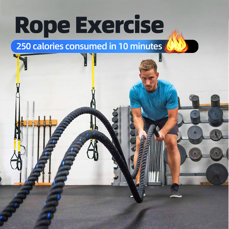 Blue Polyester Gym Ropes Exercise Training Battle Ropes with Protective Sleeve and Anchor Kit for Physical Education, Strength Training - 1.5"/2" x 30'/40'/50'