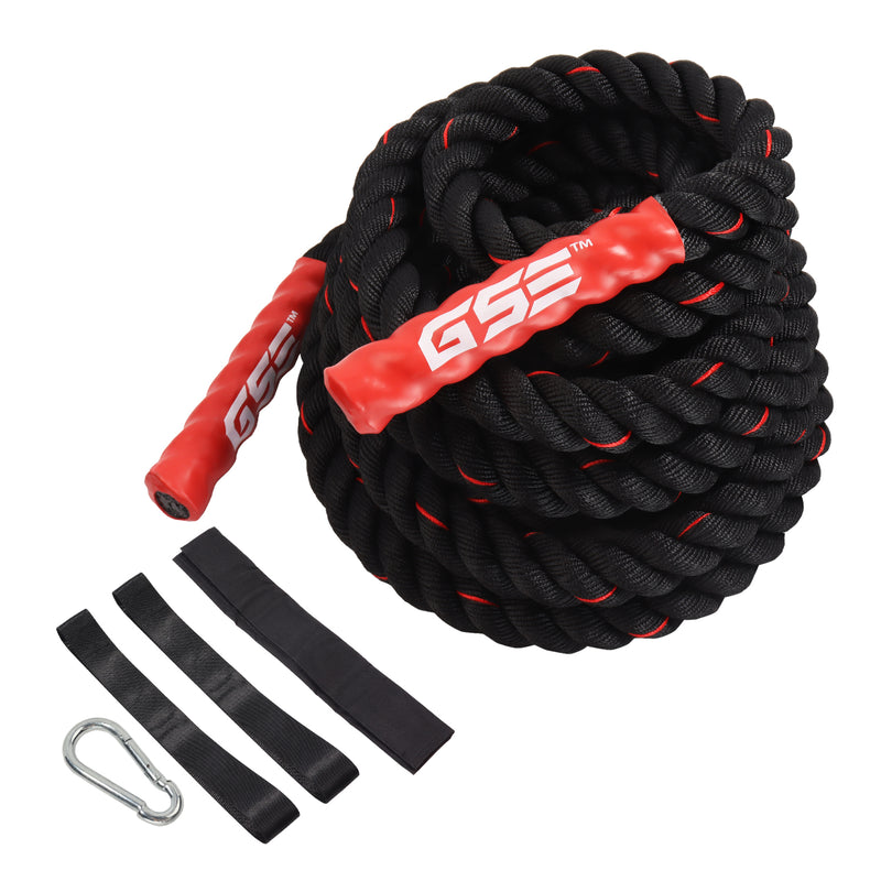 Red Polyester Gym Ropes Exercise Training Battle Ropes with Protective Sleeve and Anchor Kit for Physical Education, Strength Training - 1.5"/2" x 30'/40'/50'