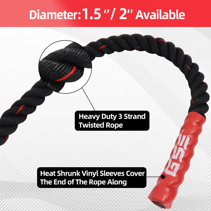 1.5"/2" Red Battle Rope, Workout Battle Ropes with Anchor Strap (30ft/40ft/50ft)