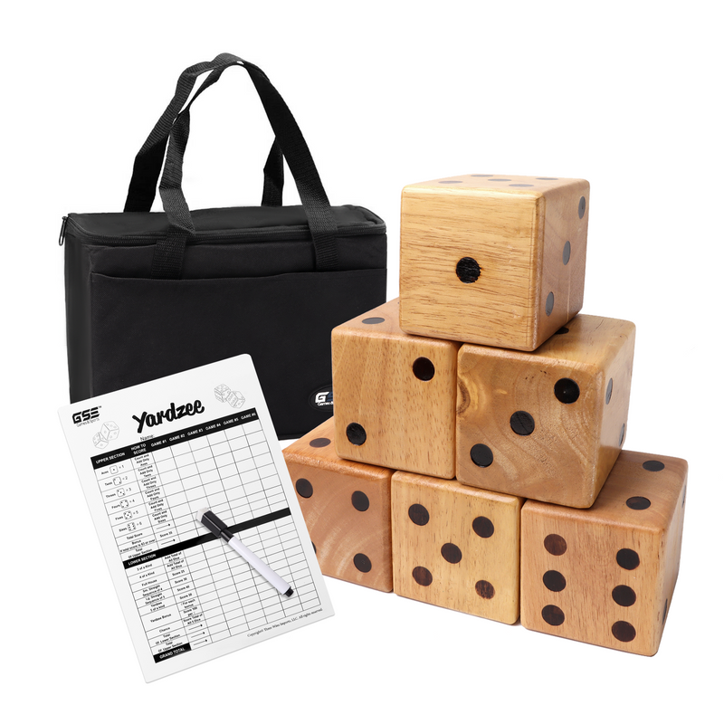 3.5-Inch Premium Oak Giant Yard Dice Set with Carrying Bag and Yardzee & Farkle Scorecard.