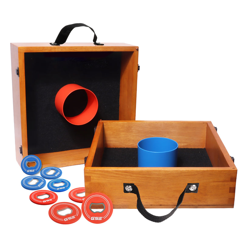 Oak Washer Toss Game Set with 8 Bottle Opener Style Replacement Washers