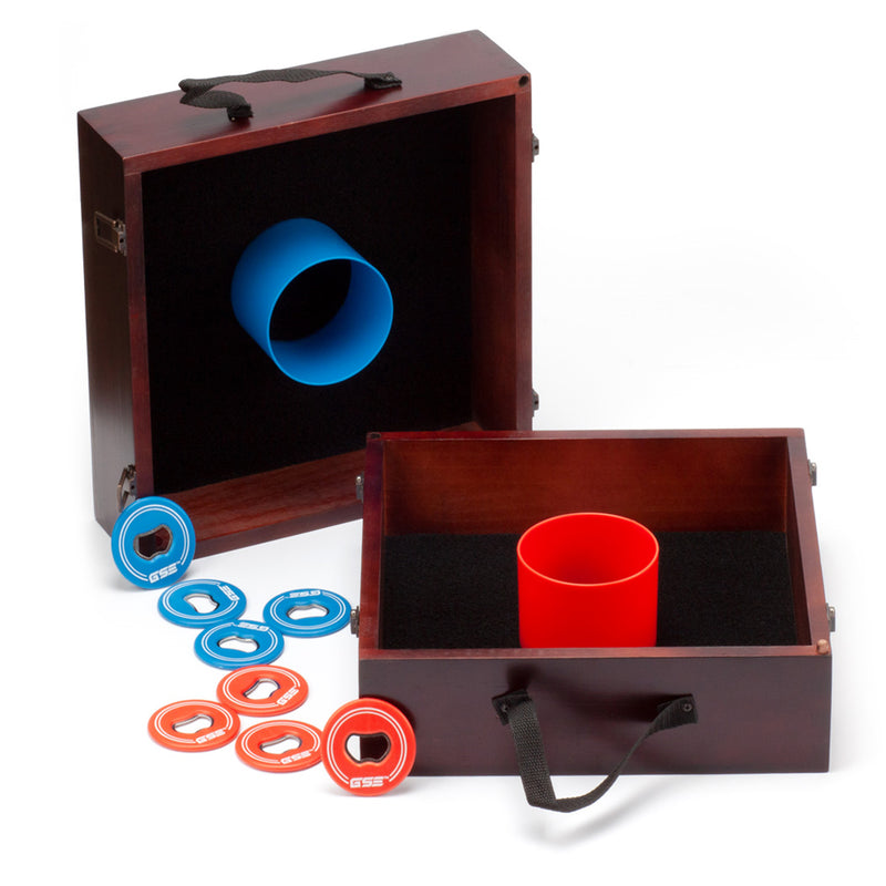 Mahogany Washer Toss Game Set with 8 Bottle Opener Style Replacement Washers