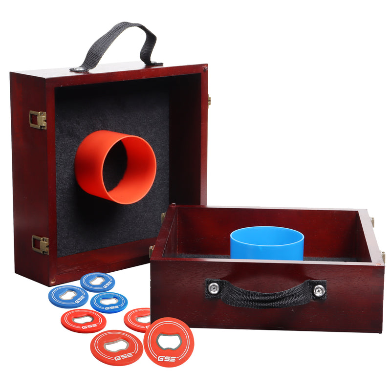 Mahogany Washer Toss Game Set with 8 Bottle Opener Style Replacement Washers