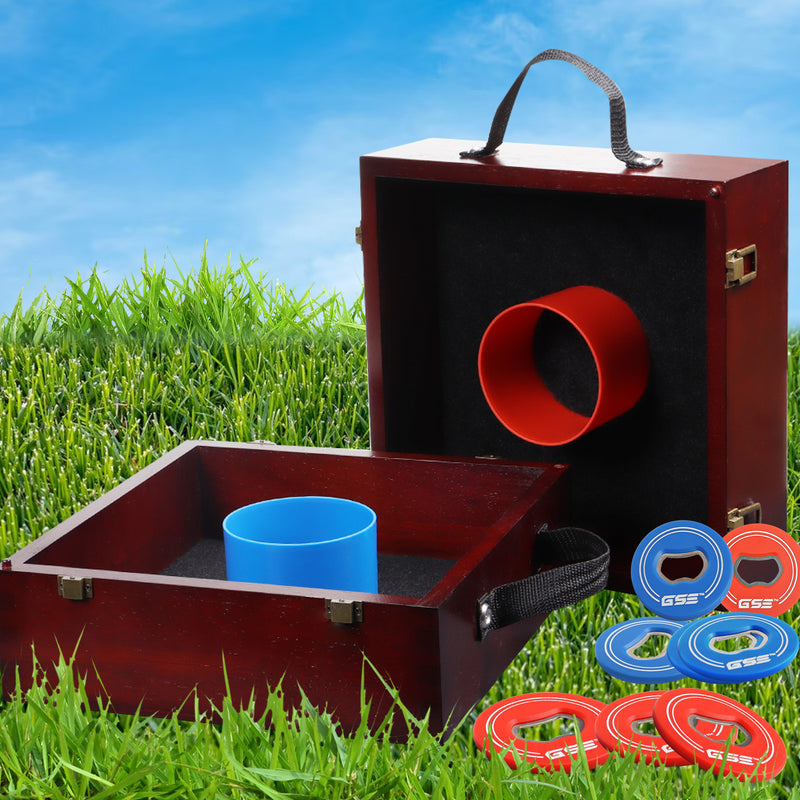 Mahogany Washer Toss Game Set with 8 Bottle Opener Style Replacement Washers