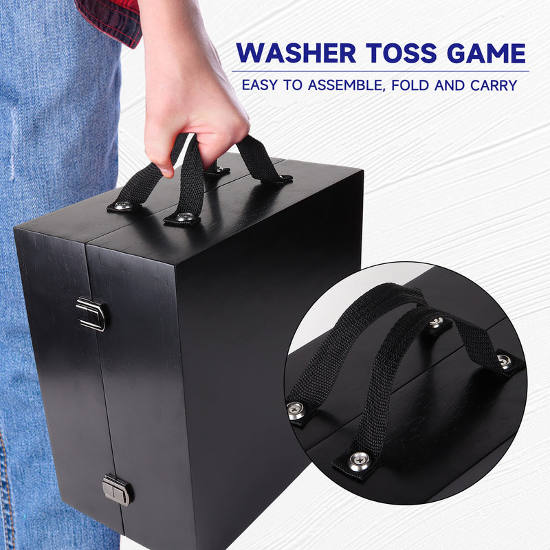 Black Washer Toss Game Set with 8 Bottle Opener Style Replacement Washers