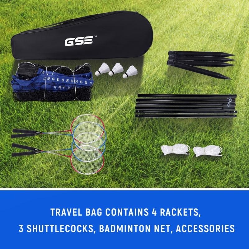 Recreational Portable Badminton Complete Net Set Including Badminton Net System,4 Badminton Rackets,3 Shuttlecocks and Carry Bag for Outdoor Park,Backyard Lawn,Beach