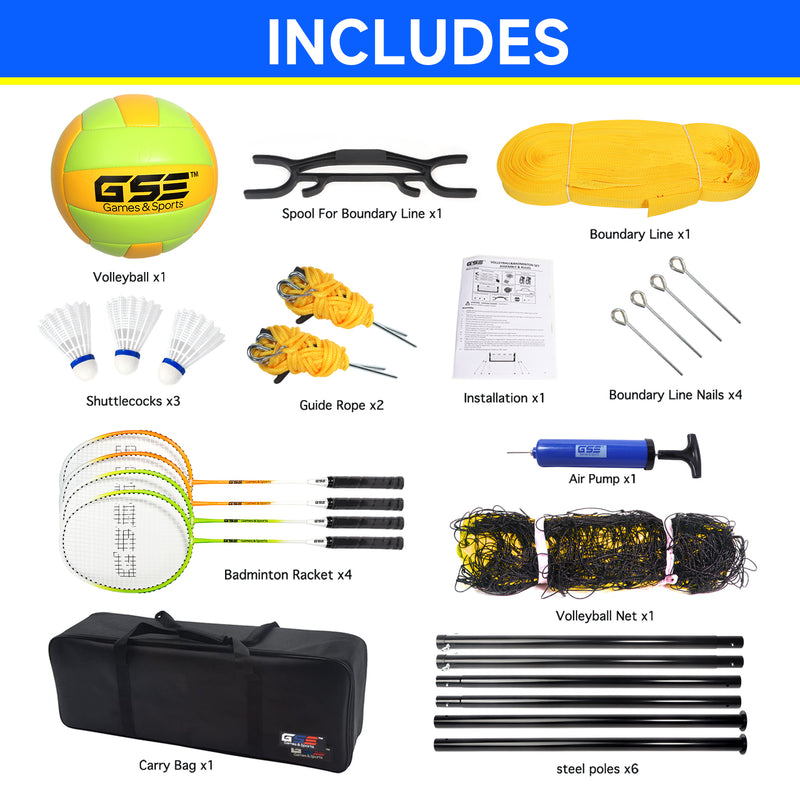 Volleyball and Badminton Combo Set with Net,4 Rackets,3 Birds,PU Volleyball and Carrying Bag(Professional)