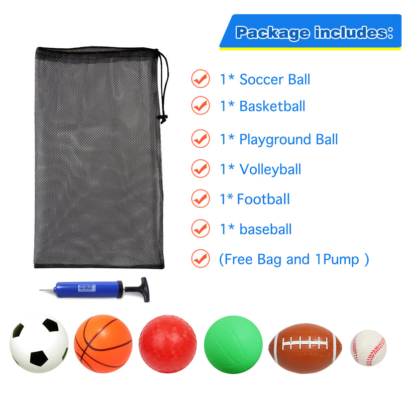 Set of 6 Mini Soft Sports Balls Set with Pump & Mesh Ball Bag