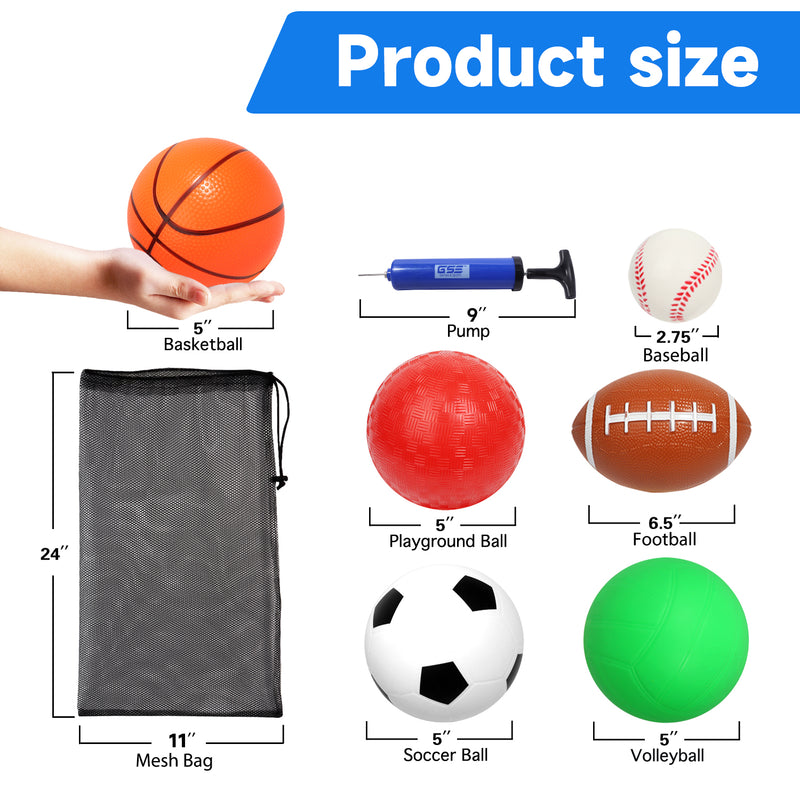 Set of 6 Mini Soft Sports Balls Set with Pump & Mesh Ball Bag