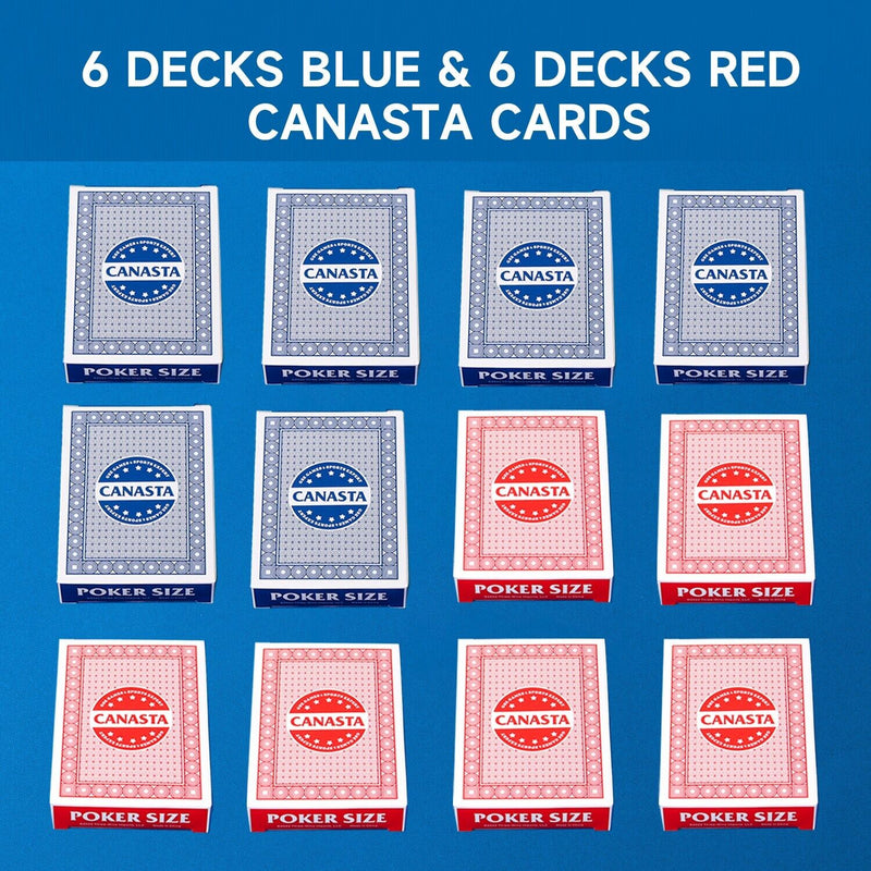12-Deck Canasta Cards with Point Values, Included Canasta and Hand & Foot Game Rules (6 Blue & 6 Red)
