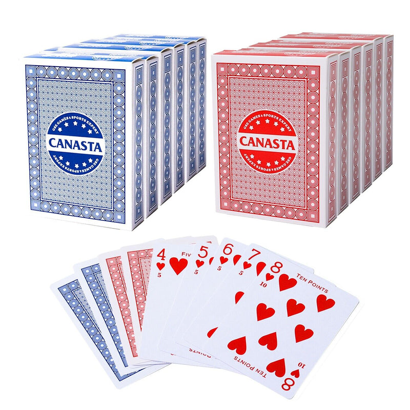 12-Deck Canasta Cards with Point Values, Included Canasta and Hand & Foot Game Rules (6 Blue & 6 Red)