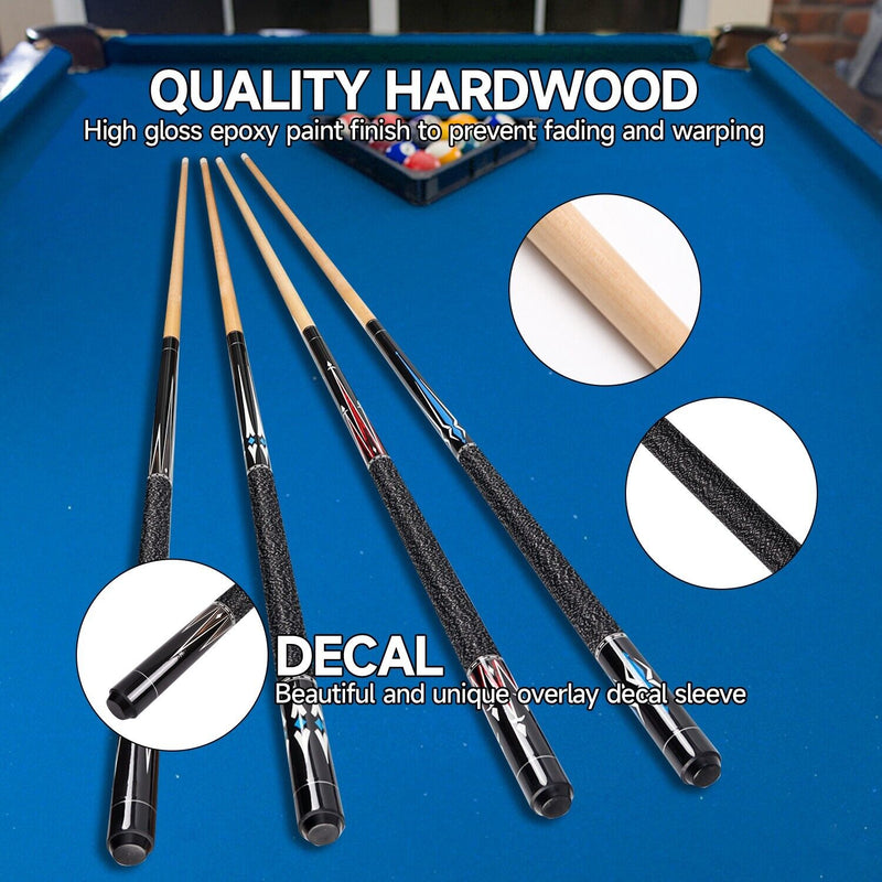 Set of 4 58" Hardwood Maple Detachable Billiard Pool Sticks Set - Black