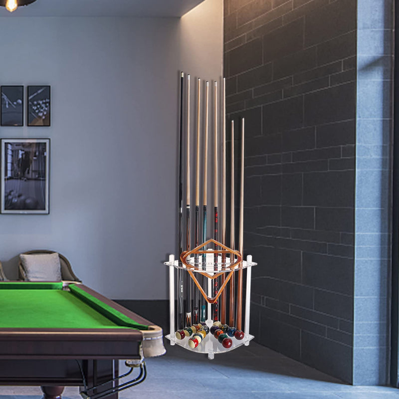 Acylic Corner-Style Floor Stand Billiard Pool Cue Racks Holds 8 Pool Cue Stick,2 Pool Ball Racks,16 Balls - Clear