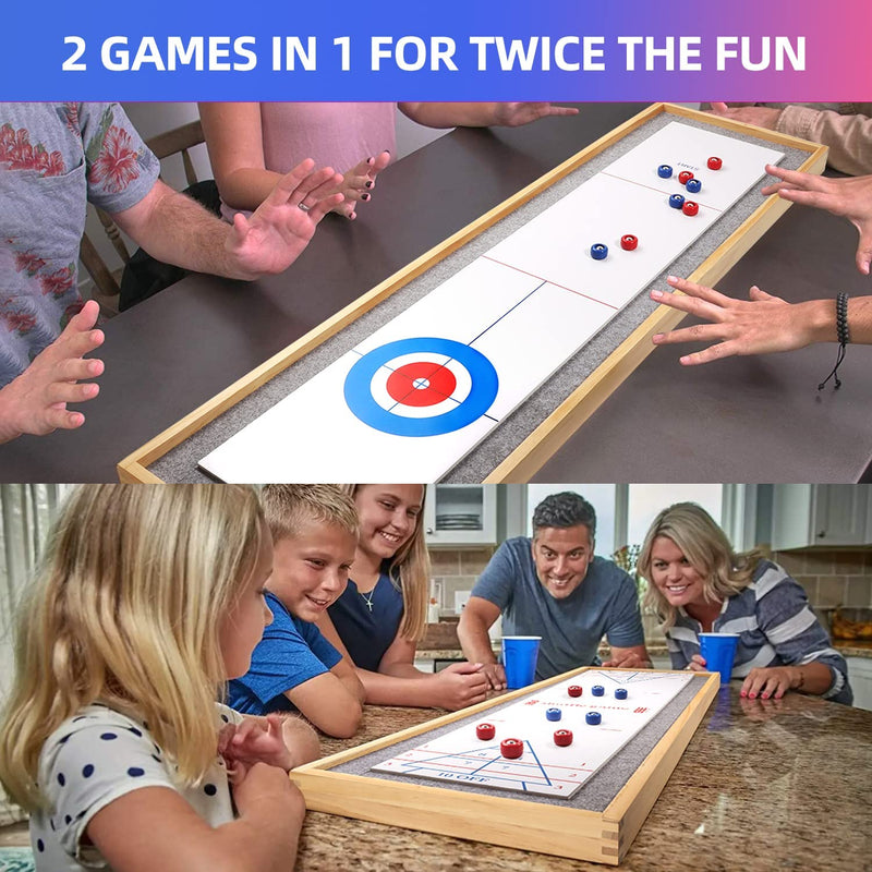 2-in-1 Solid Wood Mini Shuffleboard and Curling Tabletop Game Board Set with 8 Rollers Gifts