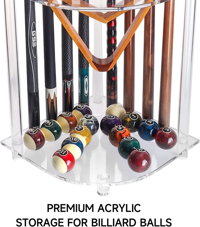 Acylic Corner-Style Floor Stand Billiard Pool Cue Racks Holds 8 Pool Cue Sticks,2 Pool Ball Racks,16 Balls - Clear