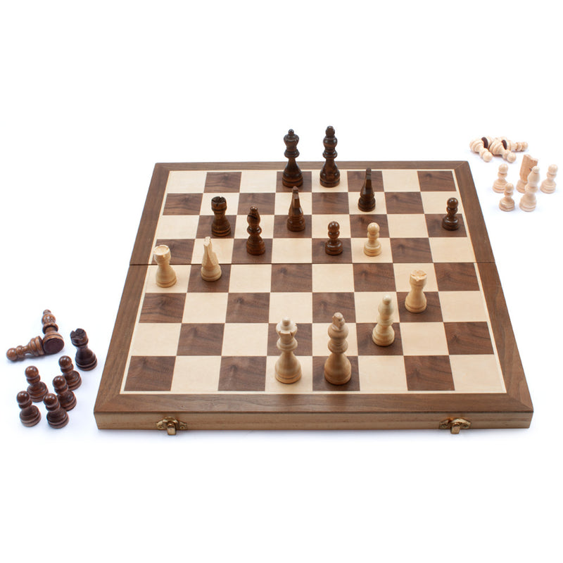 15" Folding Wooden Chessboard Chess Board Game Set Tabletop Game with 32 Chessmen and Storage Box for Kids and Adults