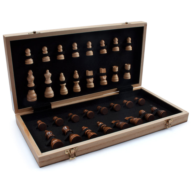 15" Folding Wooden Chess Board Game Set with 32 Chessmen and Storage Box for Kids and Adults