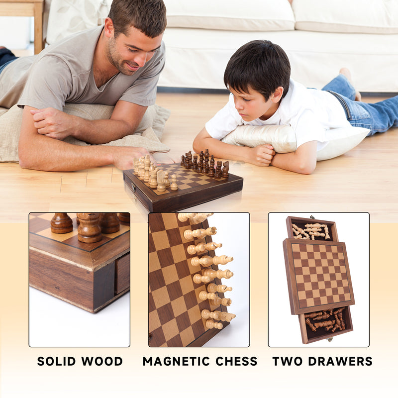 10" Portable Magnetic Wooden Chessboard Chess Board Game Set with Storage Drawers and 32 Chessman