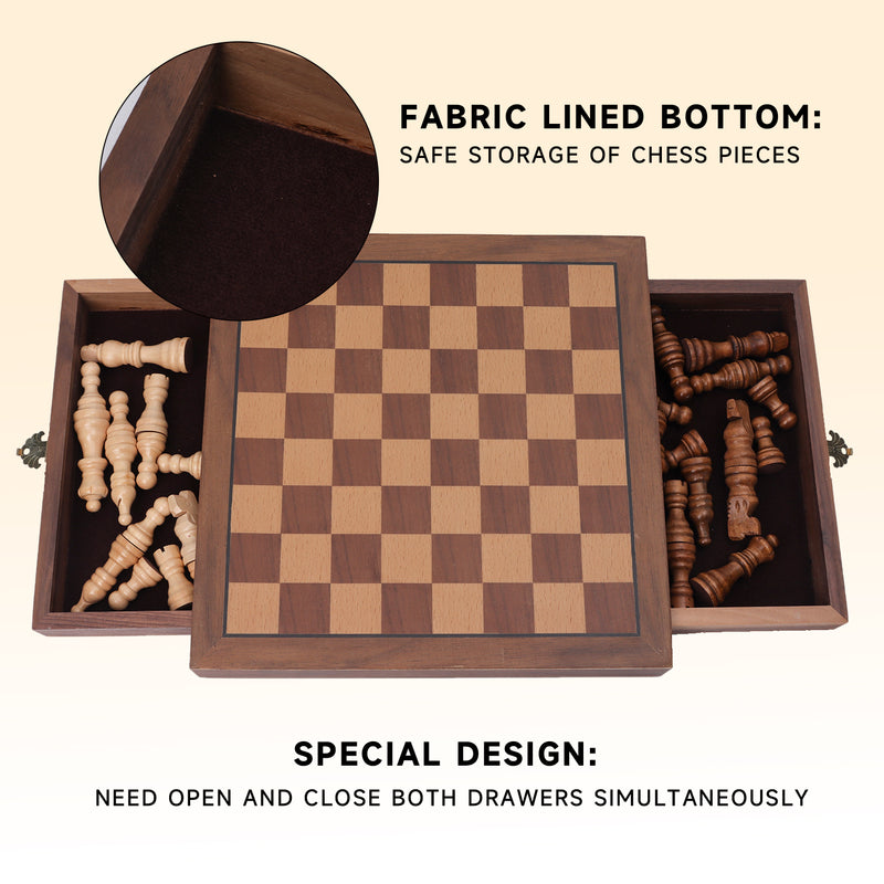 10" Portable Magnetic Wooden Chessboard Chess Board Game Set with Storage Drawers and 32 Chessman