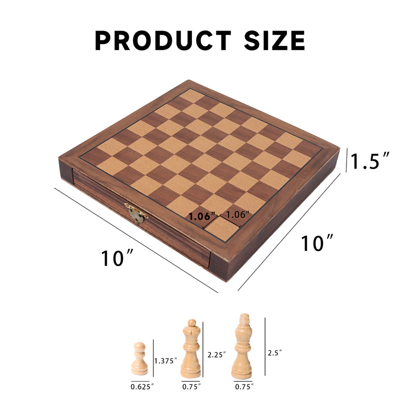 10" Portable Magnetic Wooden Chessboard Chess Board Game Set with Storage Drawers and 32 Chessman