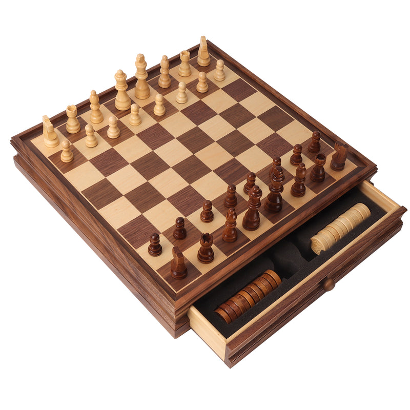 15" 2-in-1 Large Wooden Chess and Checkers Board Game Combo Set with Storage Drawer,32 Chessman and 30 Pieces Checkers