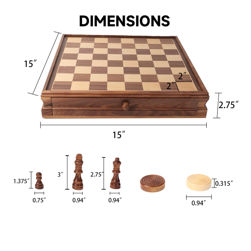 15" 2-in-1 Large Wooden Chess and Checkers Board Game Combo Set with Storage Drawer,32 Chessman and 30 Pieces Checkers