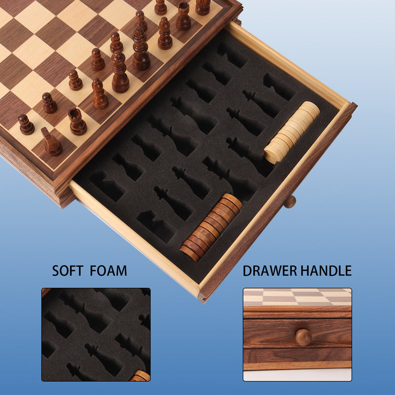 15" 2-in-1 Large Wooden Chess and Checkers Board Game Combo Set Chess Board Game with Storage Drawer,32 Chessman and 30 Pieces Checkers