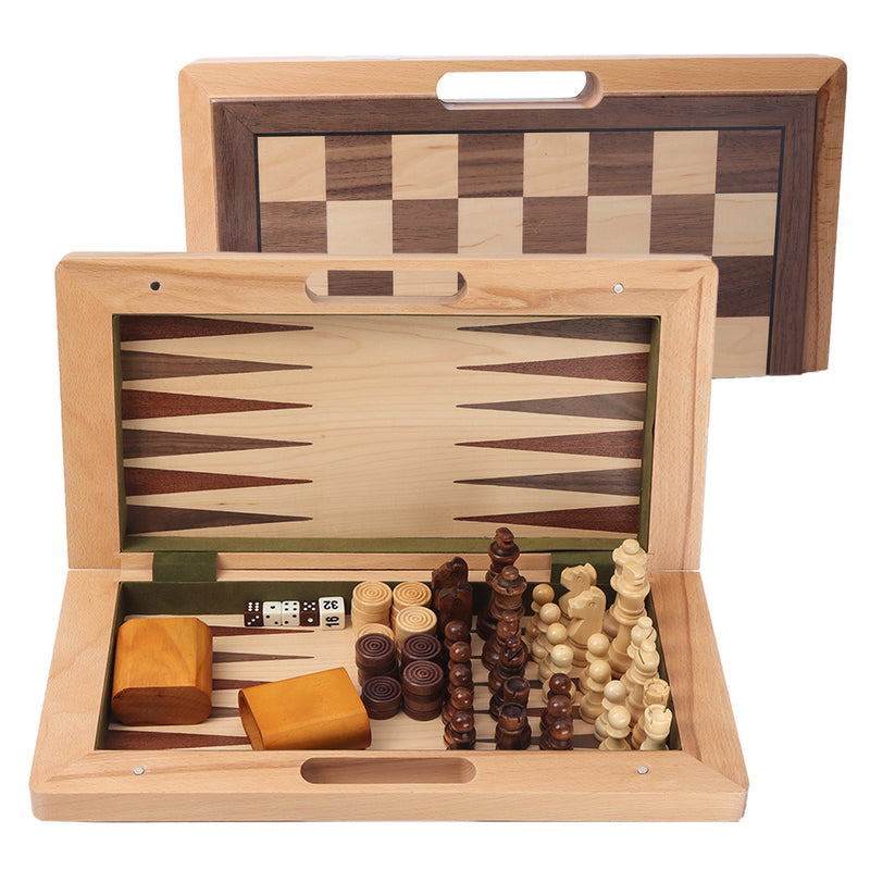3-in-1 Travel Portable Wooden Folding Chess, Checkers and Backgammon Board Game Combo Set with Handle Hole