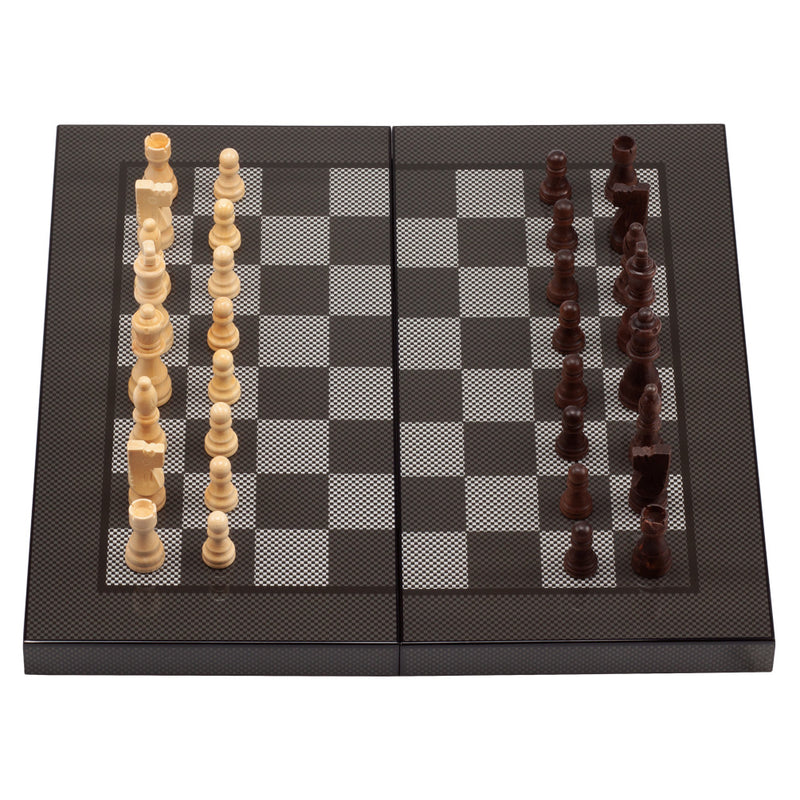 3-in-1 Carbon Fiber Tech Folding Chess, Checkers and Backgammon Tabletop Board Game Combo Set