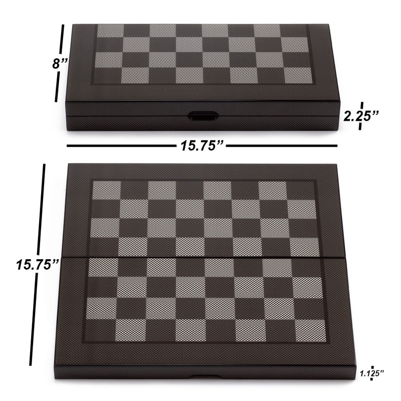 3-in-1 Carbon Fiber Tech Folding Chess, Checkers and Backgammon Tabletop Board Game Combo Set