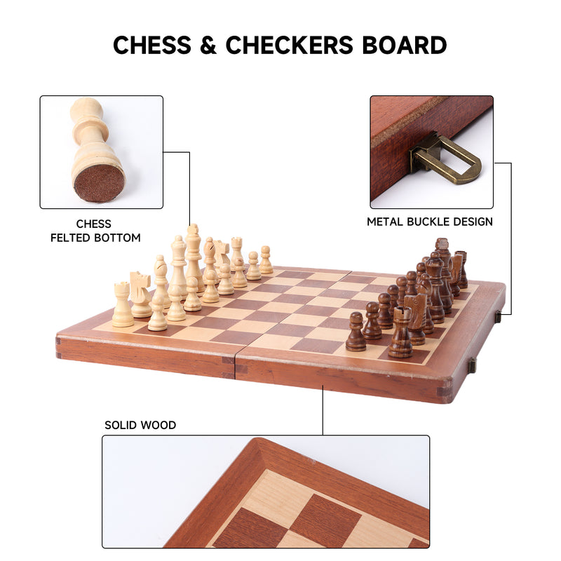 2-in-1 Folding Wooden Chess, Checkers Board Game Combo Set with 32 Chessman and 30 Pieces Checkers