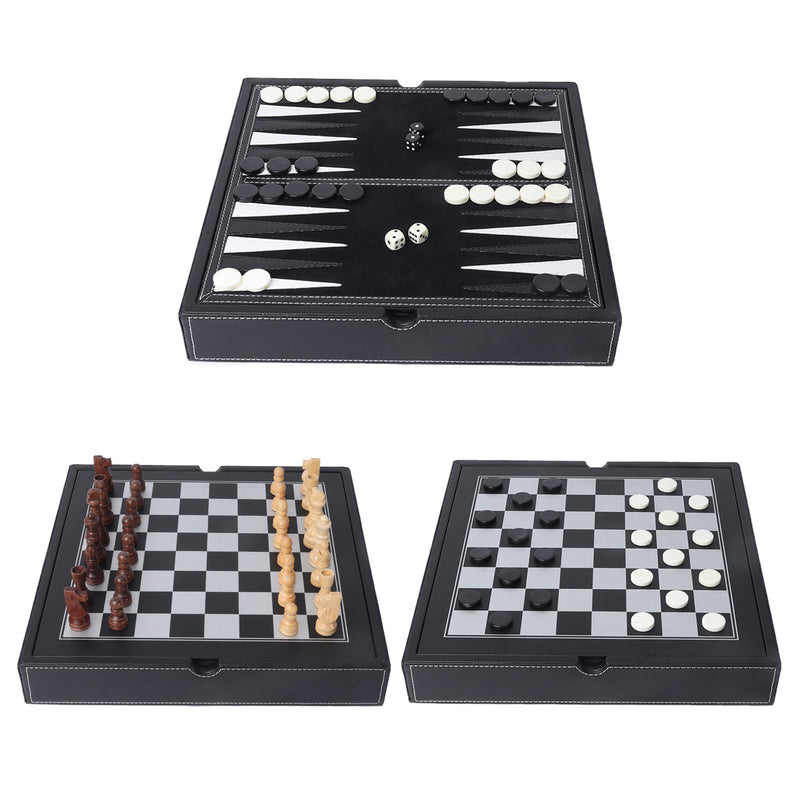 3-in-1 Leather Chess, Checkers and Backgammon Board Game Combo Set with Storage