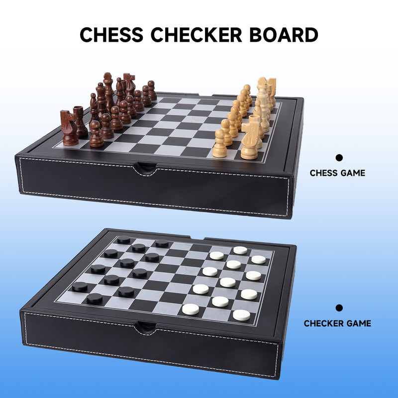 3-in-1 Black Leather Chess, Checkers and Backgammon Tabletop Board Game Combo Set with Storage for Kids and Adults