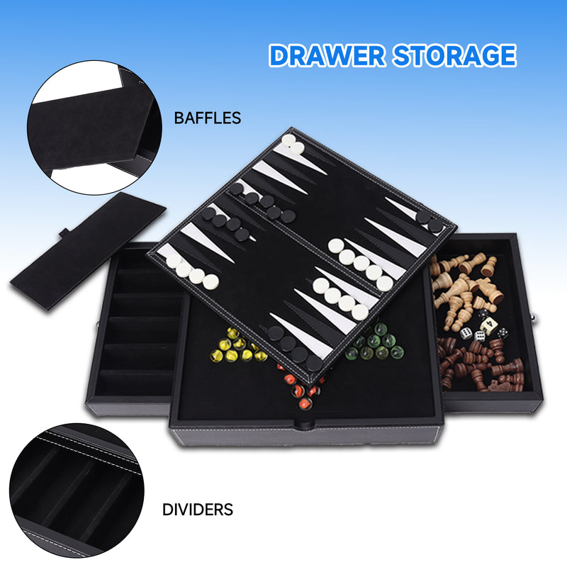 5-in-1 Leather Chess, Checkers, Backgammon, Poker Dice and Chinese Checkers Board Game Combo Set
