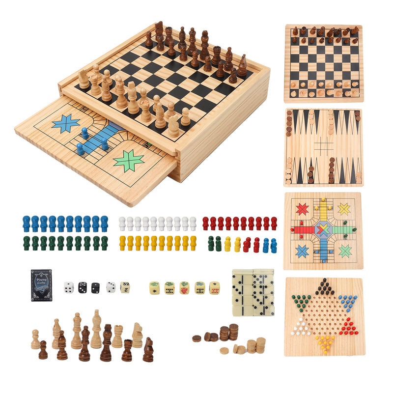 9-in-1 Wooden Chess, Checkers, Backgammon, Chinese Checkers, Dominoes, Tic-Tac-Toe, Ludo, Playing Card & Poker Dice Game Combo Set