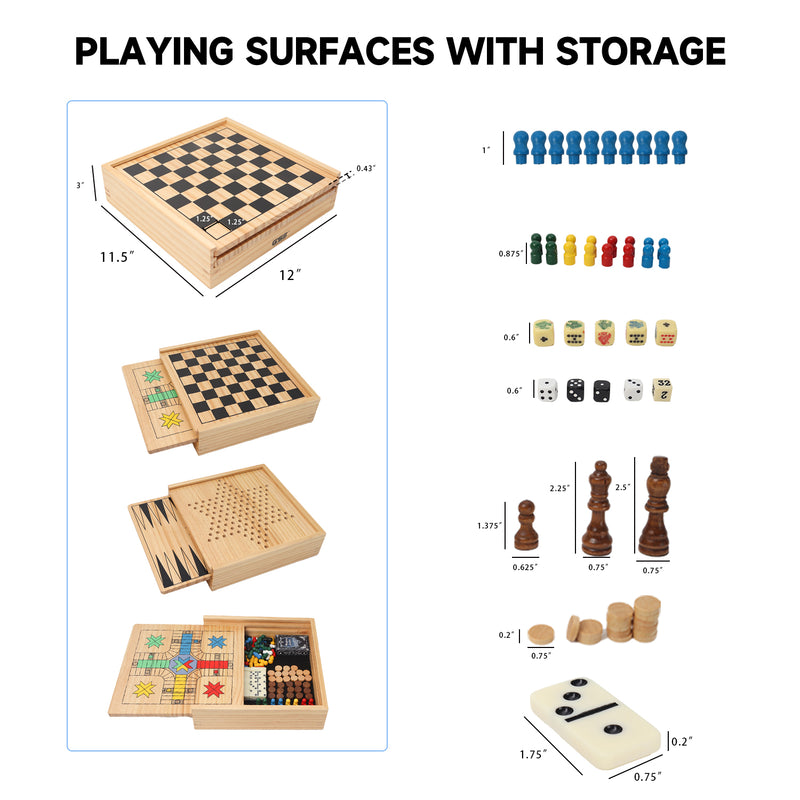 9-in-1 Wooden Chess, Checkers, Backgammon, Chinese Checkers, Dominoes, Tic-Tac-Toe, Ludo, Cribbage Board, Playing Card & Poker Dice Game Combo Set